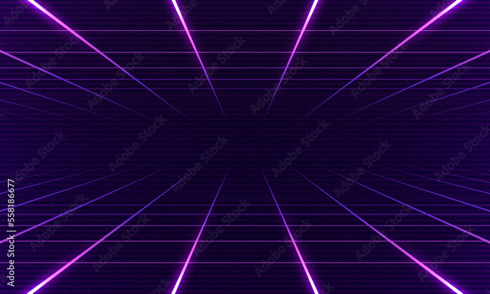 Synthwave wireframe net illustration. Abstract digital background. 80s, 90s Retro futurism, Retro wave cyber grid. Top and bottom surfaces. Neon lights glowing. Starry background. 3D Rendering - obrazy, fototapety, plakaty 