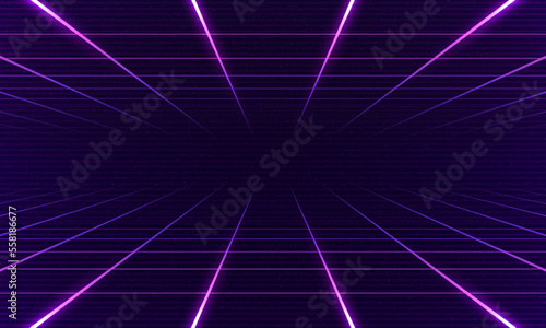 Synthwave wireframe net illustration. Abstract digital background. 80s, 90s Retro futurism, Retro wave cyber grid. Top and bottom surfaces. Neon lights glowing. Starry background. 3D Rendering