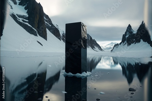 Black clean monolith in a ice landscape. Generative AI