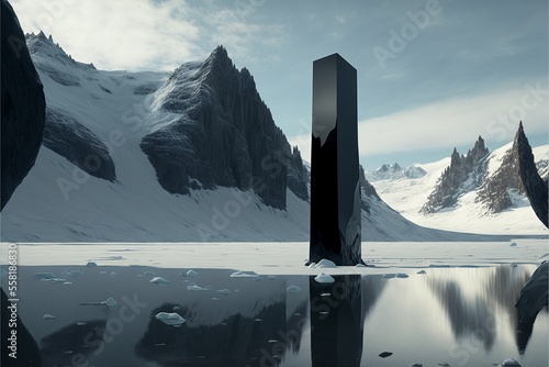 Black clean monolith in a ice landscape. Generative AI photo