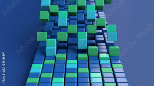 Group of colorful cubes in a row, blue background. Abstract illustration, 3d render, close-up.