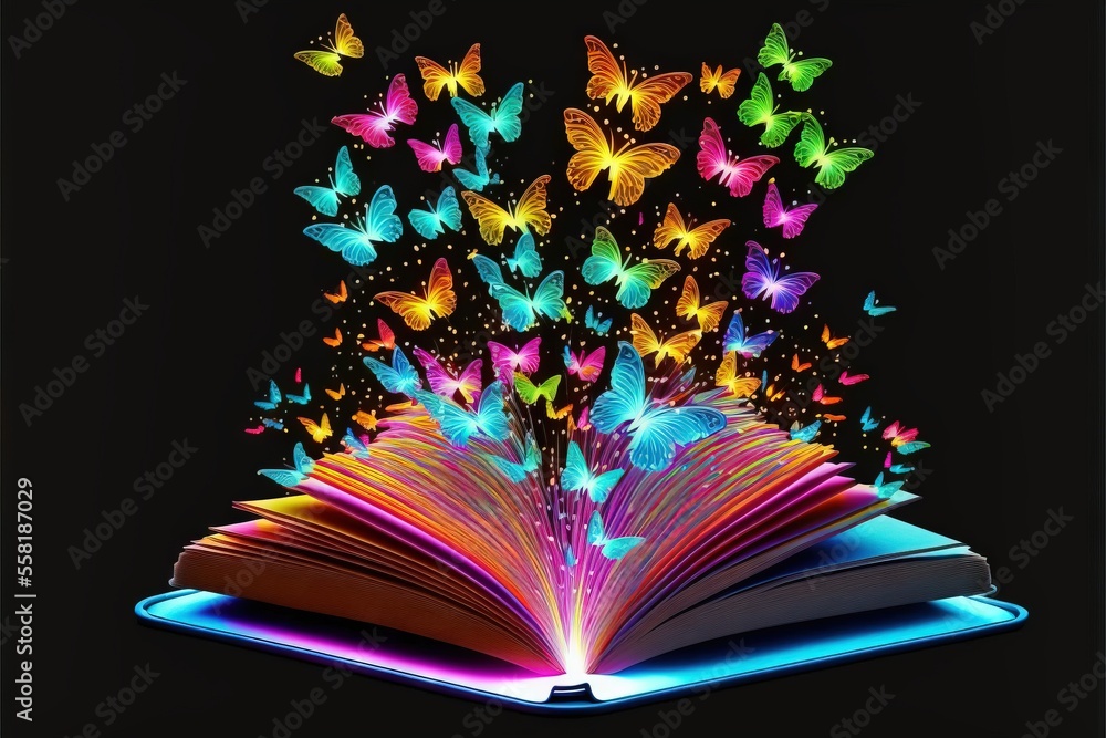 an open book with colorful butterflies coming out of it on a black ...