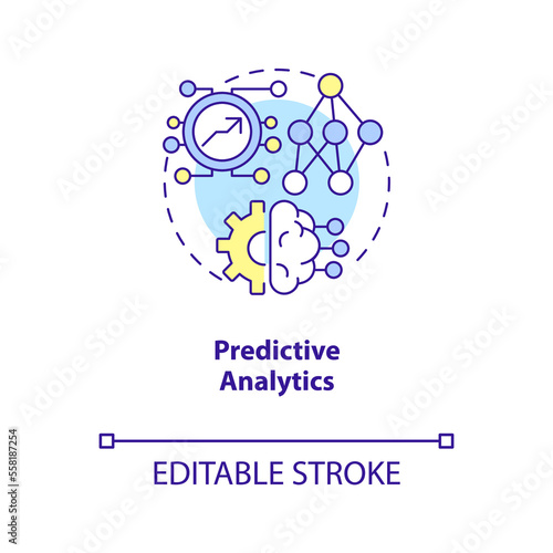 Predictive analytics concept icon. AI technology. Data science in marketing abstract idea thin line illustration. Isolated outline drawing. Editable stroke. Arial, Myriad Pro-Bold fonts used