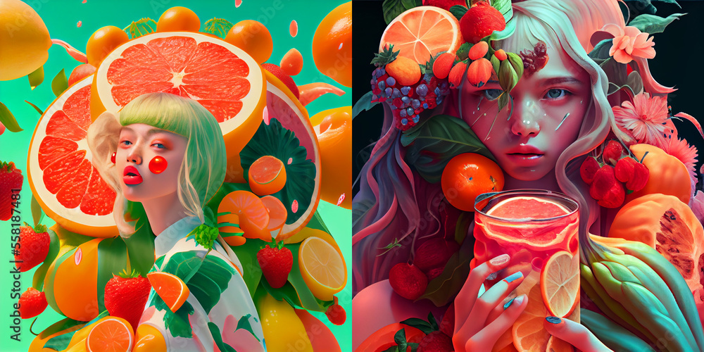 Colorful surreal illustration of girl with fruits and floral elements.