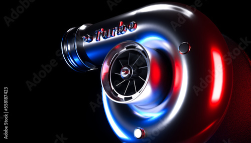 Turbocharger separate on dark red blue background 3D rendering