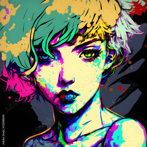 Manga face portrait  Hand Drawn  Pop Art and Psychedelic Art illustartion