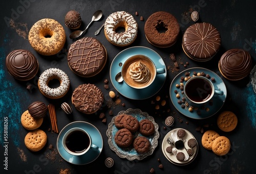illustration, delicious cup of chocolate, donuts, cookies, and pancake, 3D illustration