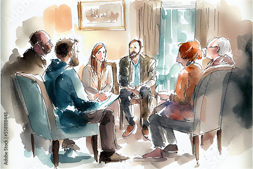 Foto People in therapy session, psychologist, watercolor paint