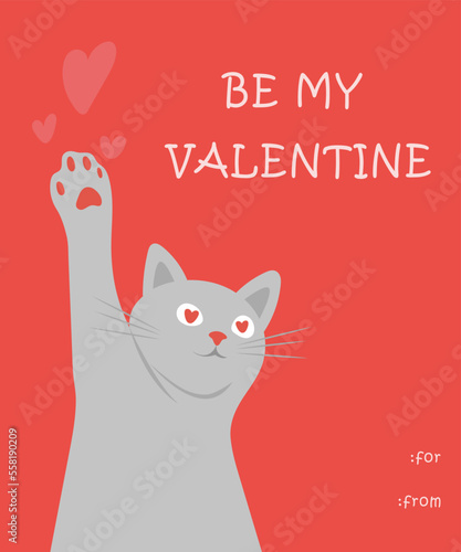 vintage flat greeting card and poster with cute  cat for Valentine's Day
