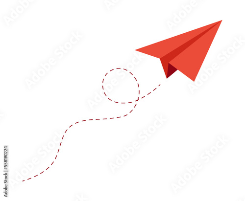 The route of the aircraft in the form of a dotted line. Travel concept, paper plane path. 