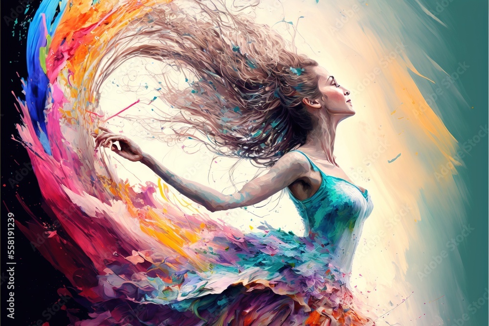 a painting of a woman in a colorful dress with her hair blowing in the ...