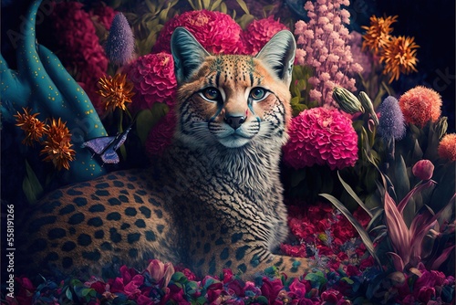 Canvastavla a painting of a leopard surrounded by flowers and a blue bird in the background with a butterfly on its head and a blue bird in the foreground of the image is a leopard with a