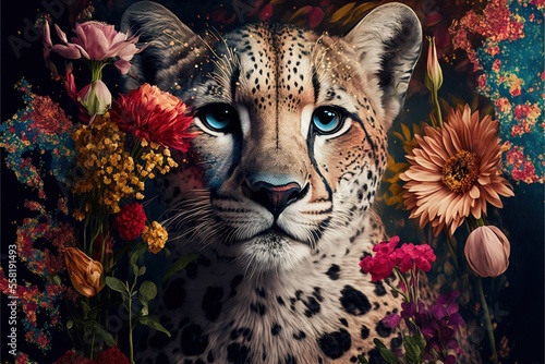 Photographie a painting of a cheetah surrounded by wildflowers and other wildflowers, with a blue - eyed, blue - eyed, blue - eyed, black - eyed, leopard - eyed, leopard - like face,
