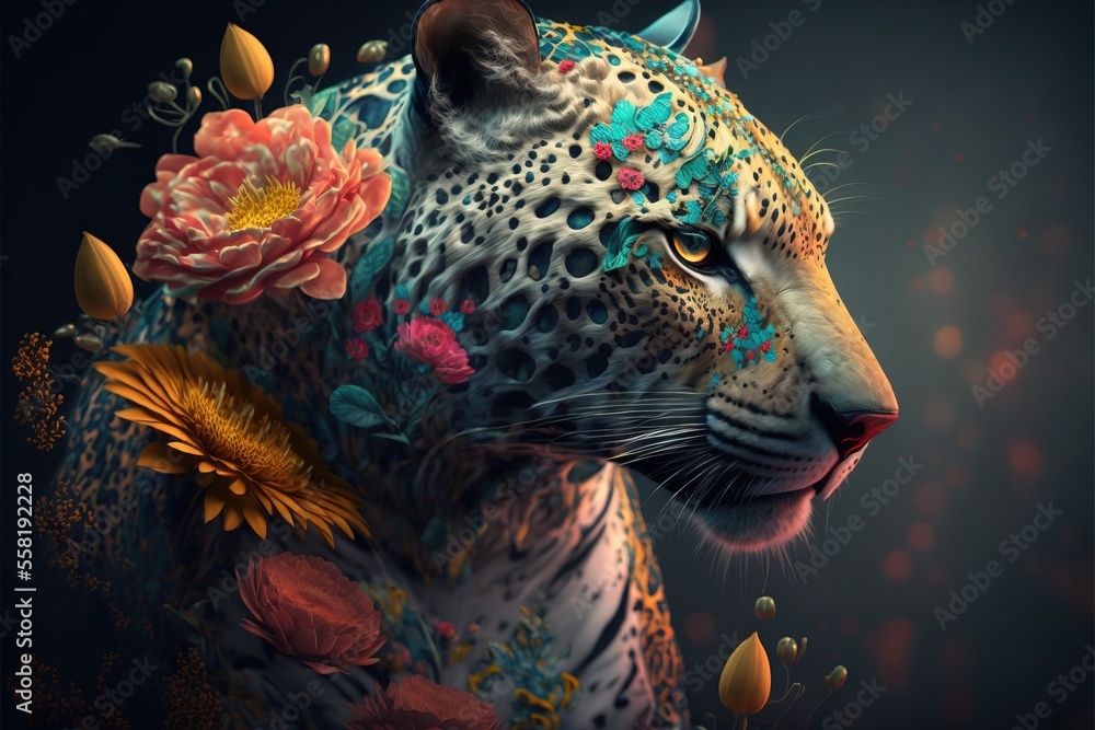 a painting of a leopard with flowers on it's head and a black ...