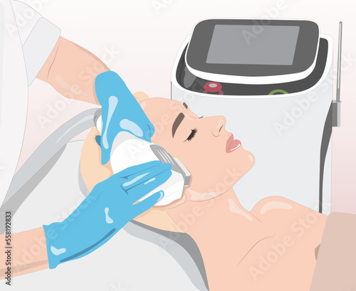 Illustration. Epilation hair removal procedure on a woman’s face. Beautician doing laser rejuvenation in a beauty salon. Removing unwanted body hair.	
