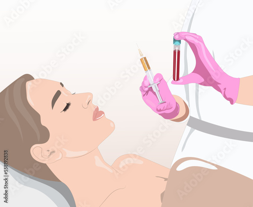 Cosmetologist does prp therapy on the face of a beautiful woman. Cosmetology concept. vector image	