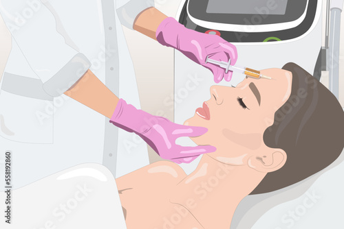 Cosmetologist does prp therapy on the face of a beautiful woman. Cosmetology concept. vector image	
