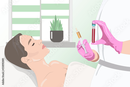 Cosmetologist does prp therapy on the face of a beautiful woman. Cosmetology concept. vector image	