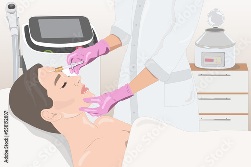 Cosmetologist does prp therapy on the face of a beautiful woman. Cosmetology concept. vector image	
