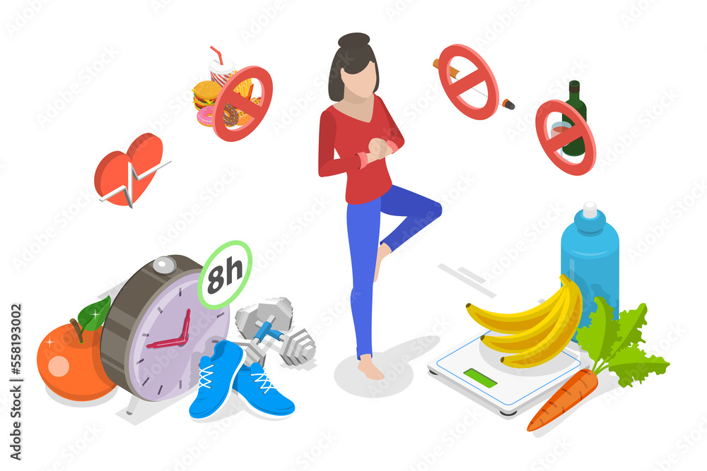 3D Isometric Flat  Conceptual Illustration of Healthy Lifestyle