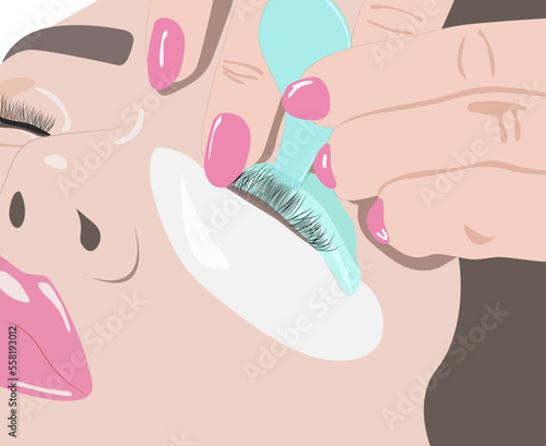 illustration. Make-up artist makes the procedure of lamination and dyeing of eyelashes to a beautiful woman in a beauty salon. Eyelash extensions. Eyelash lifting