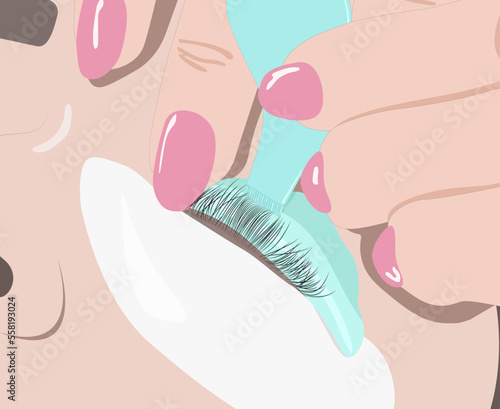 illustration. Make-up artist makes the procedure of lamination and dyeing of eyelashes to a beautiful woman in a beauty salon. Eyelash extensions. Eyelash lifting