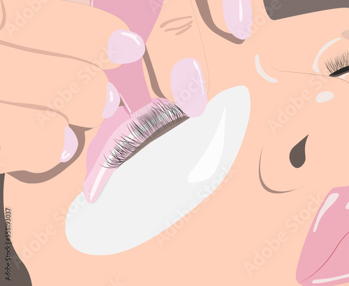 illustration. Make-up artist makes the procedure of lamination and dyeing of eyelashes to a beautiful woman in a beauty salon. Eyelash extensions. Eyelash lifting