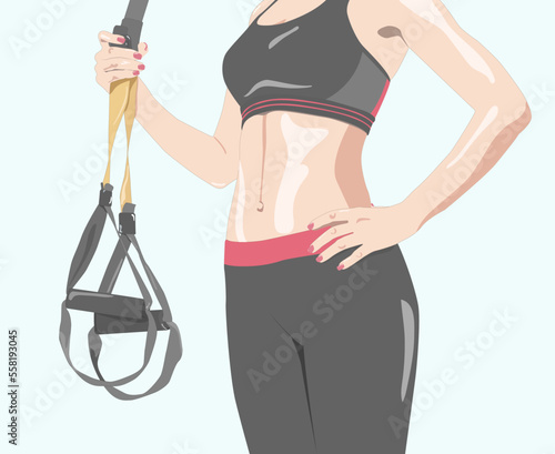 illustration. A slender girl holds a strap in her hand for the suspension training in the gym. TRX exercises. Sports concept and healthy lifestyle.