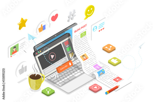 3D Isometric Flat Conceptual Illustration of Blog Content Strategy