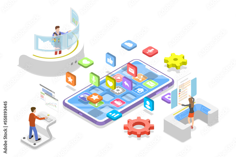 Obraz premium 3D Isometric Flat Conceptual Illustration of React Native Development