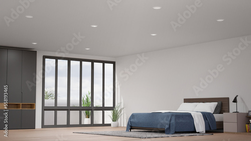 Bedroom Interior - dark bedroom interior with glass window and open space modern luxury condo multi family room at a apartment building or residential condo indoor loft with sun light entering