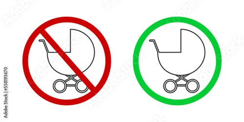 Baby prams banned and accessed icons. Kids prohibited or friendly zone labels for public places. Carriage pictogram in red forbidden and green allowed signs. Vector flat illustration.