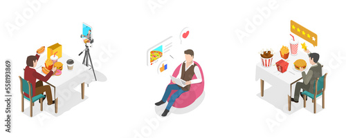 3D Isometric Flat  Conceptual Illustration of Food Blogging