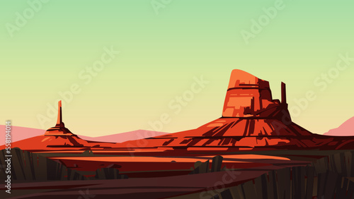 Desert landscape at sunset with vegetation and mountains. Vector illustration