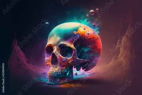 Colored skull in a abstract world. Generative AI