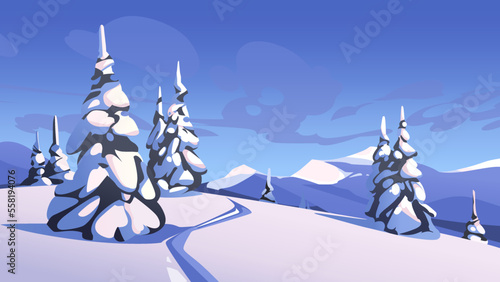 Winter landscape with pines and tracks in the snow. Vector illustration