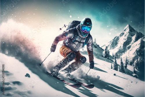 Skier on the slope, skie, extreme sport. Generative AI