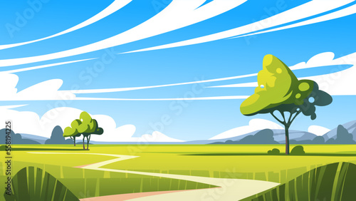 Field landscape with road, trees and bushes. Vector illustration