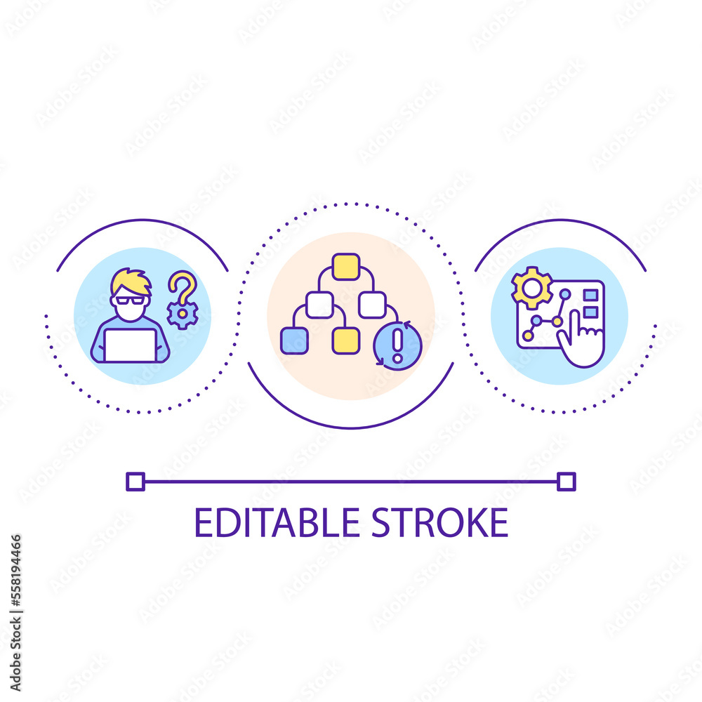 Solving coding problems loop concept icon. Computer science abstract idea thin line illustration. Programmer job. Software development. Isolated outline drawing. Editable stroke. Arial font used Solving coding problems loop concept icon. Computer science abstract idea thin line illustration. Programmer job. Software development. Isolated outline drawing. Editable stroke. Arial font used