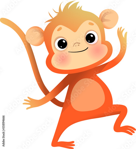 Happy baby monkey dancing or showing. Cute animal cartoon for children, childish smiling monkey chimp character for kids. Funny ape animal mascot illustration. Vector childish clip art drawing.