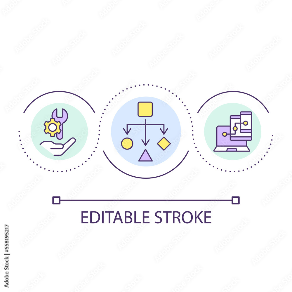 Substitutability principle loop concept icon. Computer science abstract idea thin line illustration. Writing code. Software development. Isolated outline drawing. Editable stroke. Arial font used Substitutability principle loop concept icon. Computer science abstract idea thin line illustration. Writing code. Software development. Isolated outline drawing. Editable stroke. Arial font used