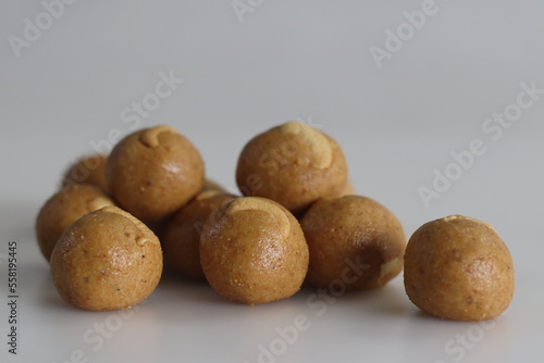 Moong dal laddu. A Protein rich  Indian sweet ball made of lentils  almonds and jaggery as sweetener. Moong dal laddus are a delicious treat and a nice way to end a meal