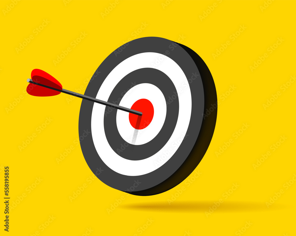 Target icon in 3d flat style on yellow background. Arrow in the center aim. Vector design element for you business projects Target icon in 3d flat style on yellow background. Arrow in the center aim. Vector design element for you business projects