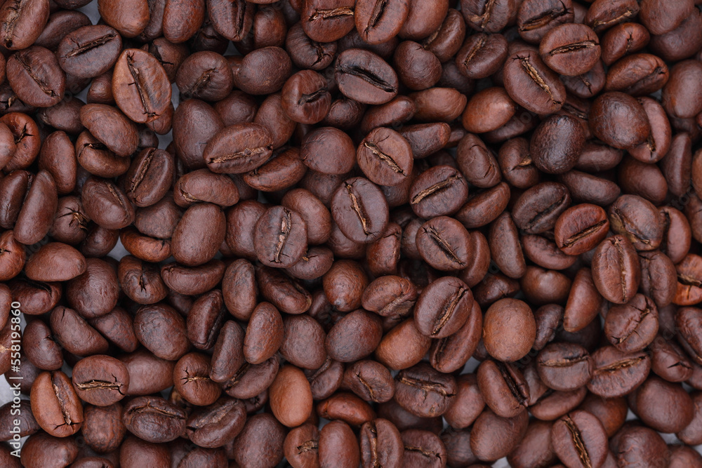 Obraz premium Coffee beans are scattered on a white table. photo of freshly roasted coffee close-up of high quality. top view