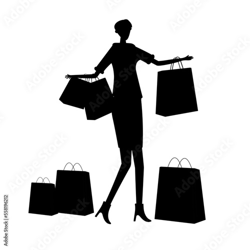 silhouette of a girl with a large pile of shopping bags