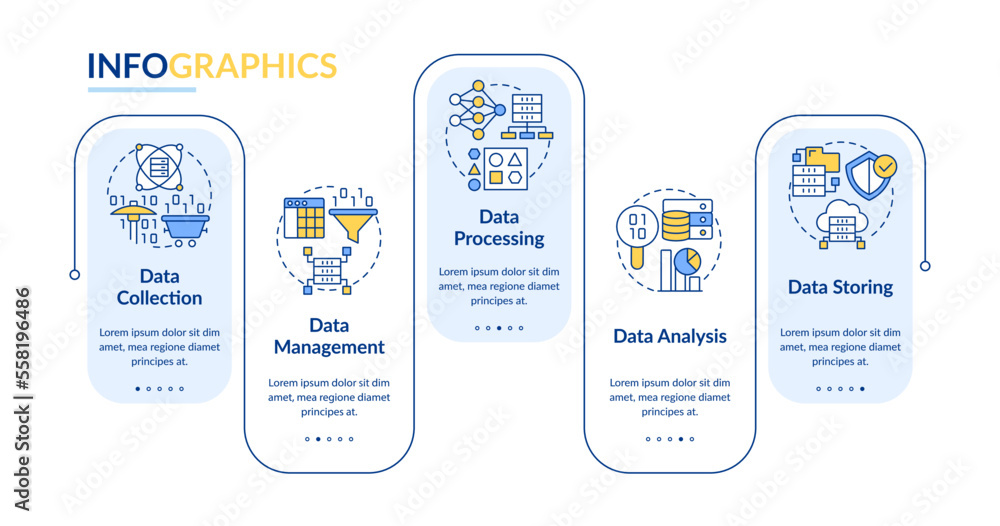 Stages of data processing rectangle infographic template. Technology. Data visualization with 5 steps. Editable timeline info chart. Workflow layout with line icons. Lato-Bold, Regular fonts used