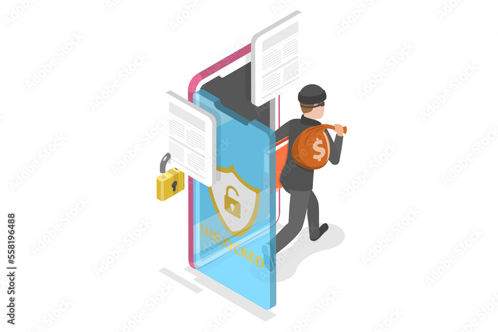 3D Isometric Flat  Conceptual Illustration of Cyber Hacking