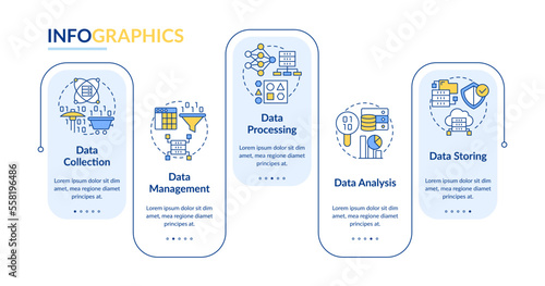 Stages of data processing rectangle infographic template. Technology. Data visualization with 5 steps. Editable timeline info chart. Workflow layout with line icons. Lato-Bold, Regular fonts used