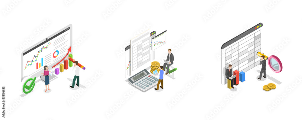 3D Isometric Flat Conceptual Illustration of Financial Report 3D Isometric Flat Conceptual Illustration of Financial Report