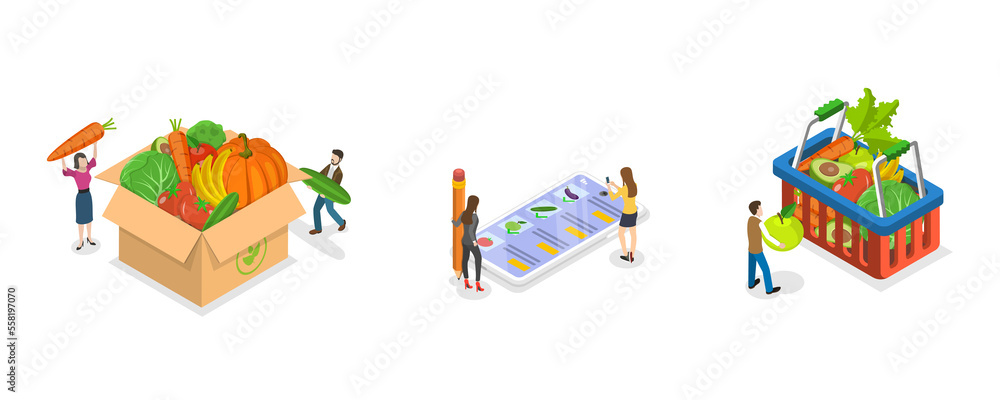 3D Isometric Flat Conceptual Illustration of Vegetables Buying 3D Isometric Flat Conceptual Illustration of Vegetables Buying